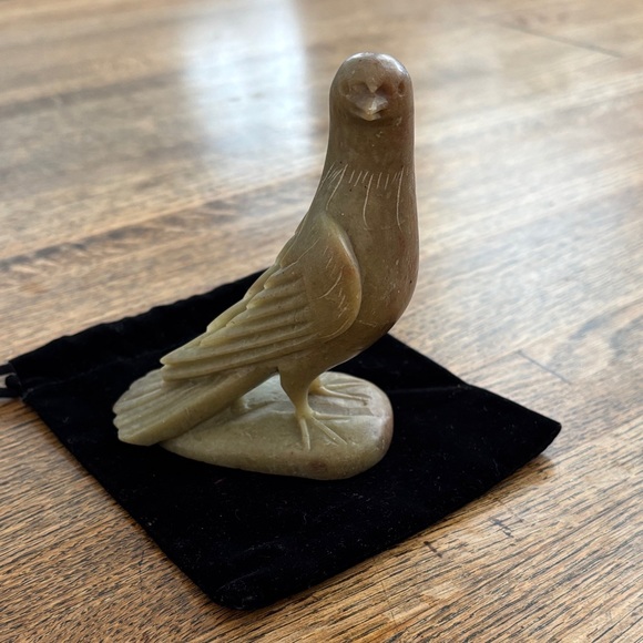 Vintage Carved Stone Bird Sculpture with Chinese Marking on Base